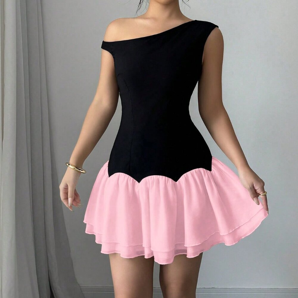 Pink Casual Women's Contrast Color Patchwork Chiffon Asymmetrical Mini Dress - Picture 6 of 6